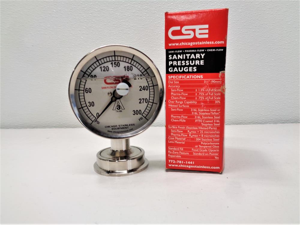 CSE 3.5" Sanitary Pressure Gauge, 0-300 PSI,  2" Tri-Clamp, 3S-G-2U-GF-BT-SS-VI